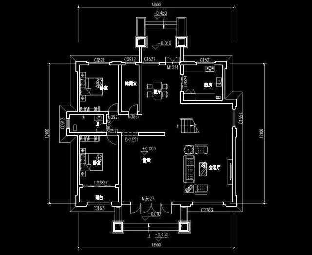造價(jià)40萬(wàn)3廳7臥開(kāi)間進(jìn)深13.5×12.1帶堂屋復(fù)式三層別墅設(shè)計(jì)圖
