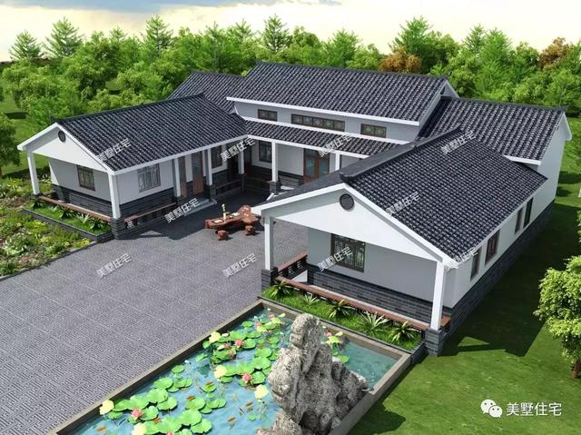 一款新中式風格三合院設計圖，帶堂屋和土灶，中國人住有中國味的別墅