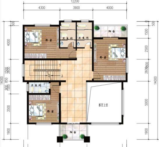 50萬12×14米3廳8臥帶落地窗三層農村別墅戶型設計圖，外觀色調搭配清新明亮
