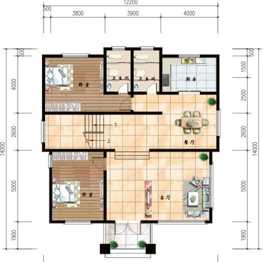 50萬12×14米3廳8臥帶落地窗三層農村別墅戶型設計圖，外觀色調搭配清新明亮