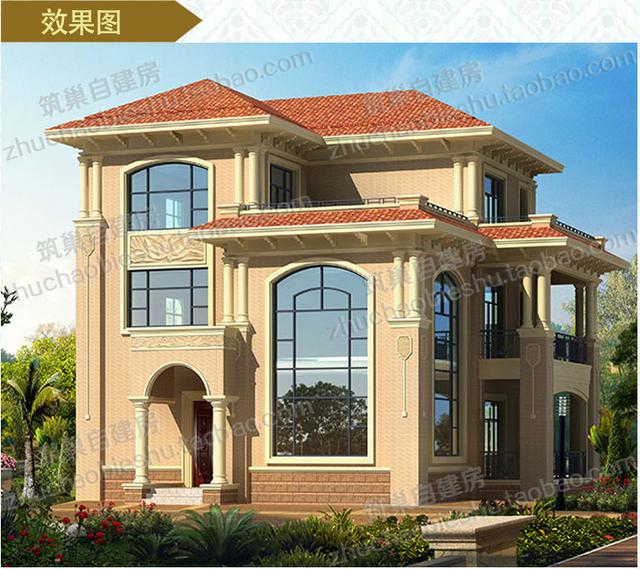 2款奢華三層開間面寬約15米農村私家別墅施工設計圖效果圖，帶有多個超大落地窗