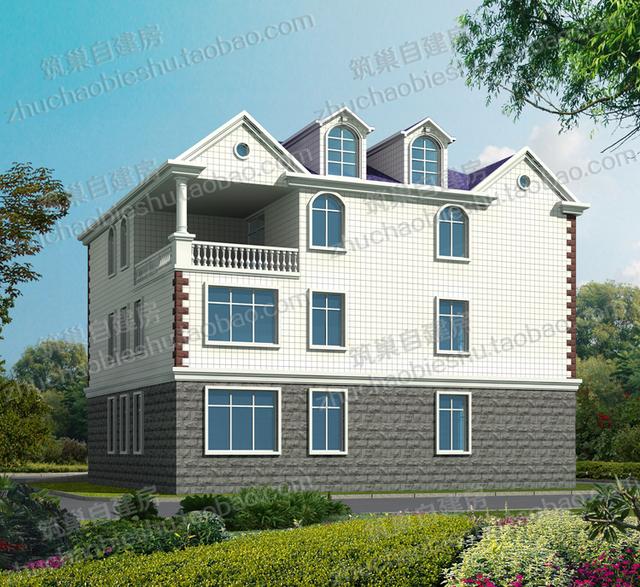 2款奢華三層開間面寬約15米農村私家別墅施工設計圖效果圖，帶有多個超大落地窗