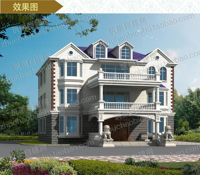 2款奢華三層開間面寬約15米農村私家別墅施工設計圖效果圖，帶有多個超大落地窗