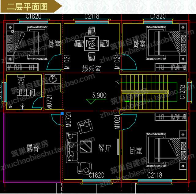 20萬11×10米3廳5臥帶娛樂室二層自建房施工圖效果圖，戶型設(shè)計(jì)簡(jiǎn)單實(shí)用，施工難度低，適合農(nóng)村建造