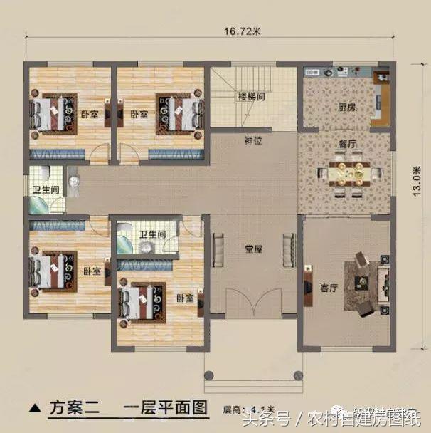 一層農(nóng)村自建別墅圖，帶閣樓和堂屋，5間臥室和4間臥室，給父母養(yǎng)老的最佳選擇