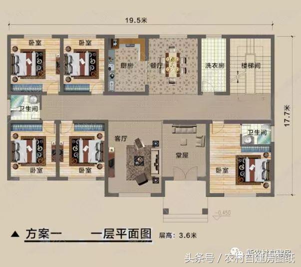 一層農(nóng)村自建別墅圖，帶閣樓和堂屋，5間臥室和4間臥室，給父母養(yǎng)老的最佳選擇