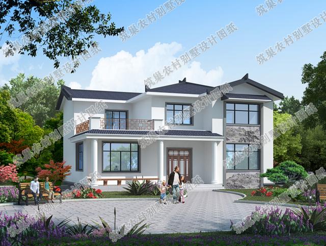 14×12米25萬4廳5臥二層中式風格自建別墅施工效果圖