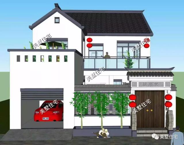 兩層新中式別墅設(shè)計圖，開間10米還帶車庫和棋牌室，讓全村人都羨慕