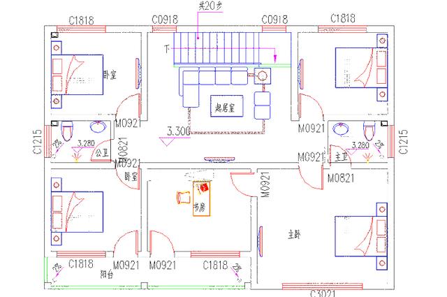 二層中式獨(dú)棟別墅設(shè)計(jì)施工效果圖，25萬13×10米3廳5臥帶臥室套間