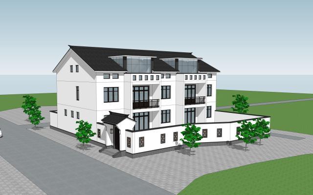 三層21X14米新中式雙拼別墅設(shè)計圖，設(shè)計完成度高，整體性強