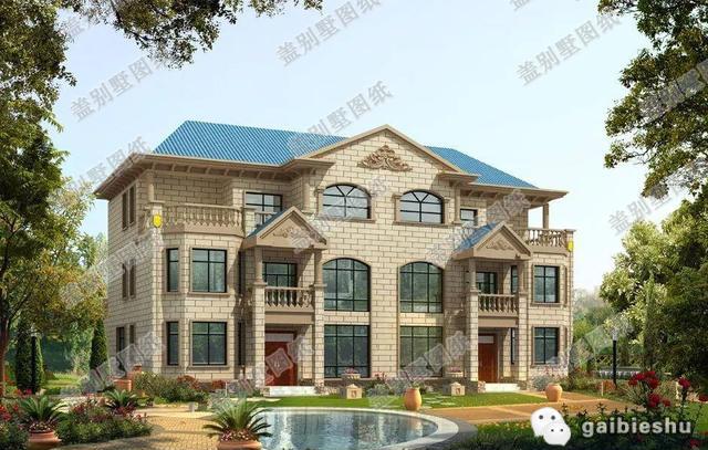 21×13米80萬帶堂屋三層雙拼別墅設計圖，米黃色墻體與藍色屋頂搭配清新奪目，讓人感覺溫馨又不失大氣