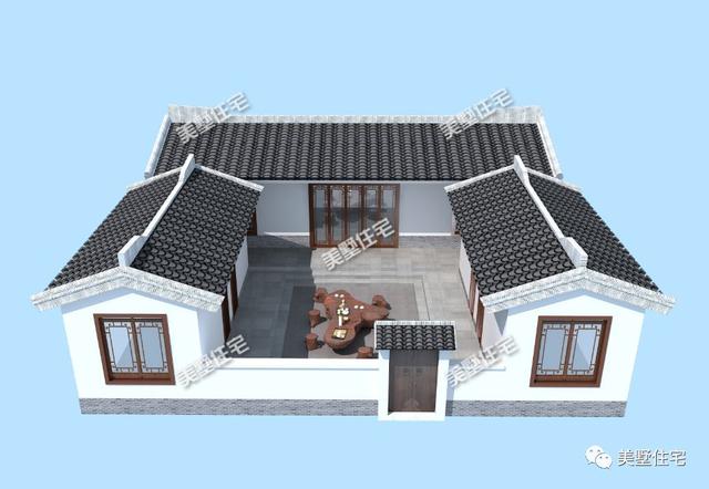 13米開間的一層中式四合院設計圖，外觀沿襲了中國古典建筑的白墻灰瓦，清新而淡雅