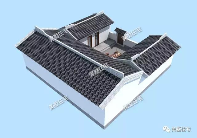 13米開間的一層中式四合院設計圖，外觀沿襲了中國古典建筑的白墻灰瓦，清新而淡雅