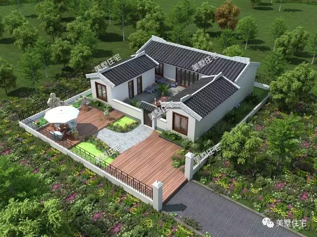 13米開間的一層中式四合院設計圖，外觀沿襲了中國古典建筑的白墻灰瓦，清新而淡雅