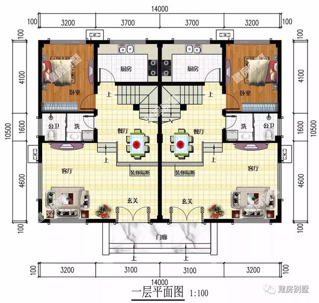 兩棟小戶型的雙拼別墅設計圖，第一棟坡屋頂時尚美觀，第二棟平屋頂造價低，還能做空中花園