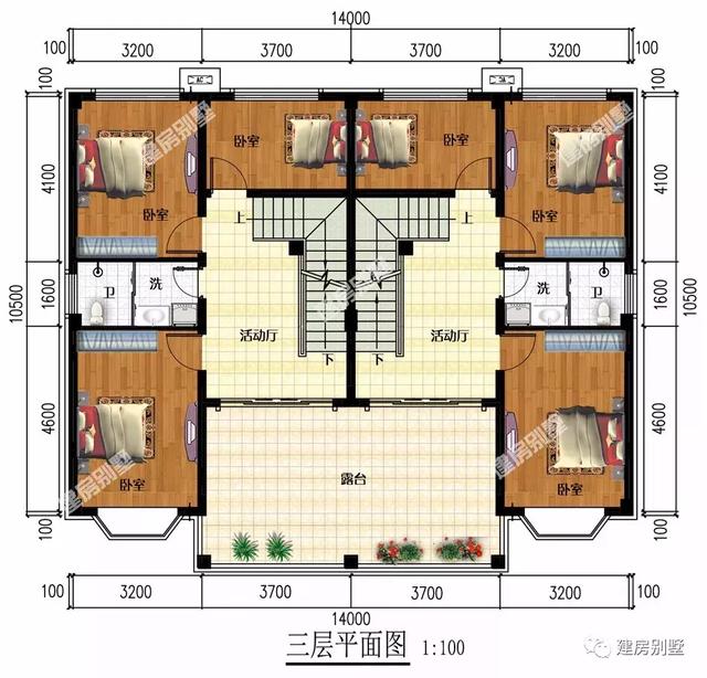 兩棟小戶型的雙拼別墅設計圖，第一棟坡屋頂時尚美觀，第二棟平屋頂造價低，還能做空中花園