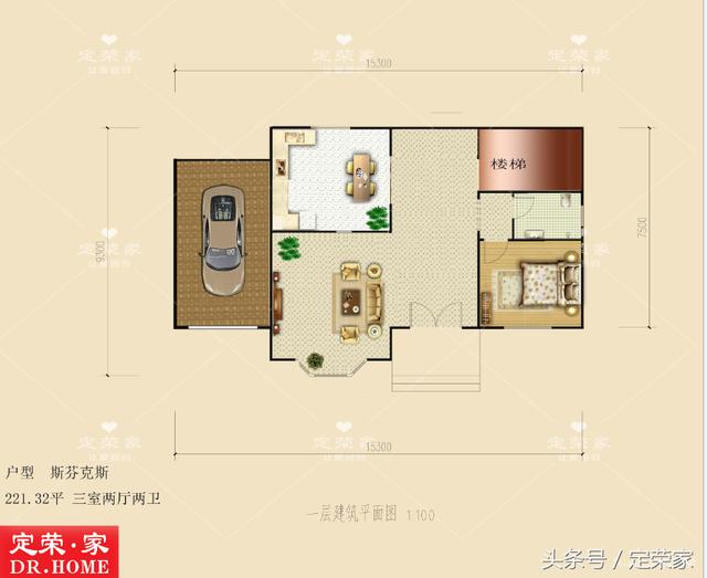 帶車庫雙層實用別墅戶型圖，造型莊重但又不失活潑，整體給人以大氣之感