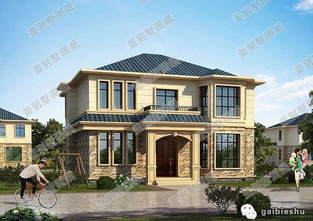 二層帶挑空客廳農村自建房設計圖，外觀屬于田園風格，設有門廳，客廳中空設計