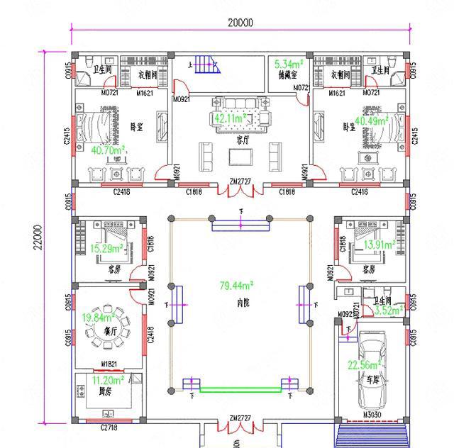 20×22米二層四合院中式別墅設計圖，設置內院、圍墻，有主樓和副樓，私密性極高，仿佛與世隔絕，恬靜淡雅