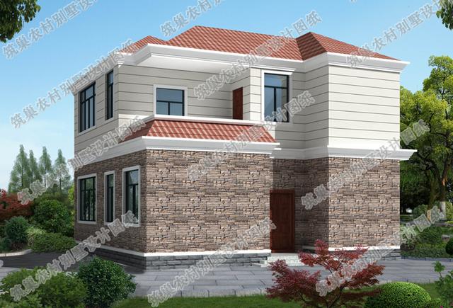 農村二層自建房全套施工效果圖25萬11×11米1廳4臥，有飄窗、雙露臺設計，施工難度低