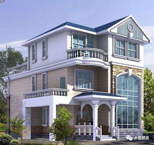 一款二層農村自建別墅設計圖，淡黃色的外觀墻，既不顯庸俗又很好得融入鄉村環境