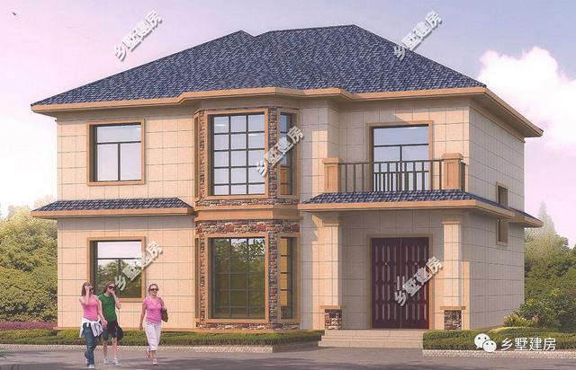 一款二層農村自建別墅設計圖，淡黃色的外觀墻，既不顯庸俗又很好得融入鄉村環境