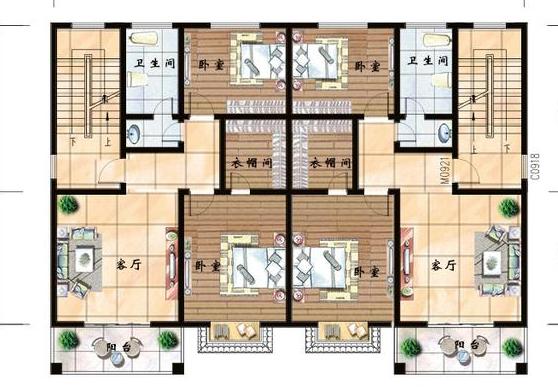 二層雙拼別墅設計圖，對稱式設計和布局，增加建筑的整潔大氣感，主體造價40萬。