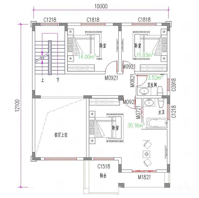三層簡歐新農村自建房設計圖，開間進深10米×12.1米，外觀富氣華貴。