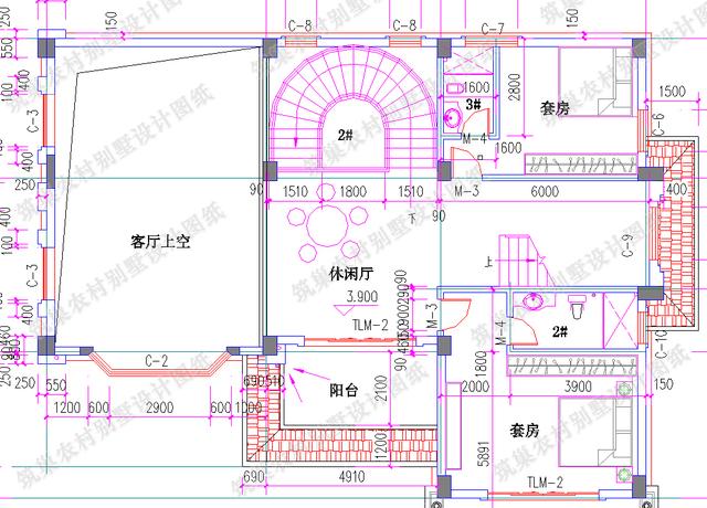 四層農村別墅全套CAD設計施工效果圖，大客廳挑空設計，套間臥室