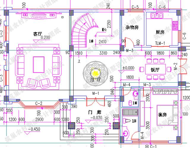 四層農村別墅全套CAD設計施工效果圖，大客廳挑空設計，套間臥室