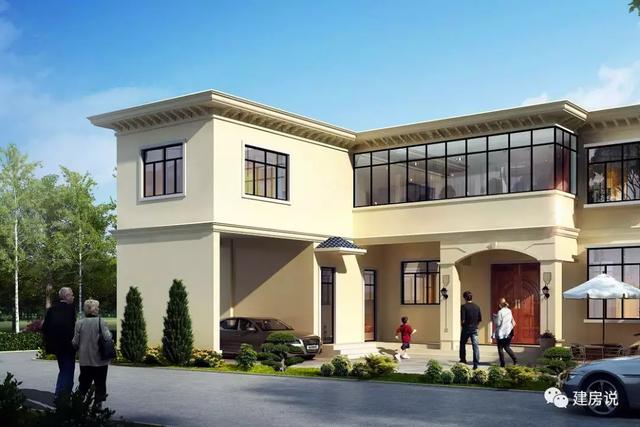 三款農村自建別墅設計圖，帶露臺和院子，一家人坐在院子里其樂融融