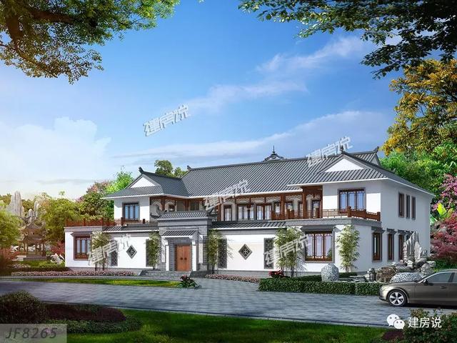 三款農村自建別墅設計圖，帶露臺和院子，一家人坐在院子里其樂融融