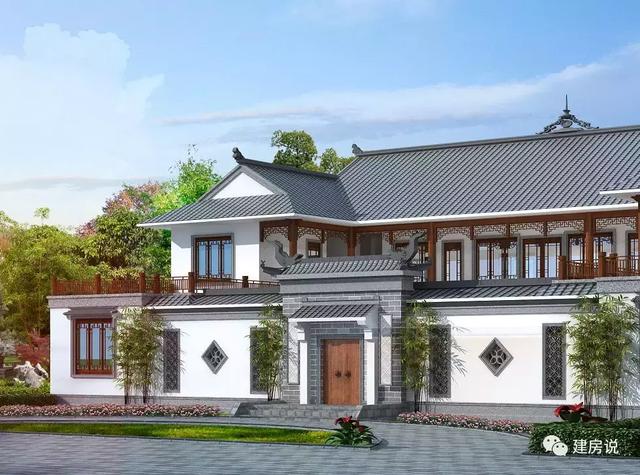 三款農村自建別墅設計圖，帶露臺和院子，一家人坐在院子里其樂融融