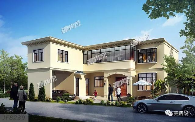 三款農村自建別墅設計圖，帶露臺和院子，一家人坐在院子里其樂融融