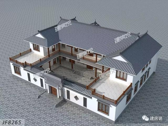 三款農村自建別墅設計圖，帶露臺和院子，一家人坐在院子里其樂融融