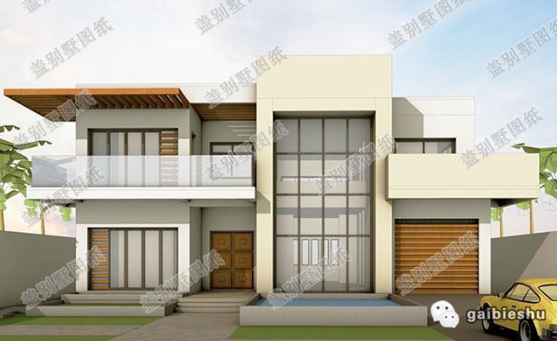 現代風格二層別墅設計圖，帶超大落地窗和二樓露臺，經濟實用。