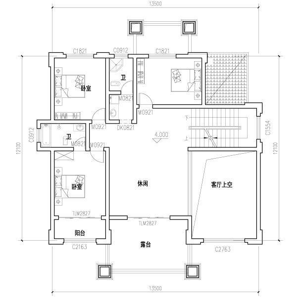三層農村自建房，開間進深14.4×12.1米，帶挑空客廳+大露臺和晾衣平臺，給老人居住最佳