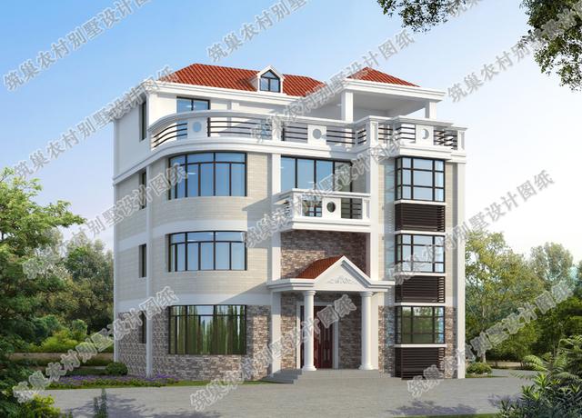 四層農村別墅設計圖，占地121平方米，外觀簡潔大氣，帶挑空客廳，造價40萬。