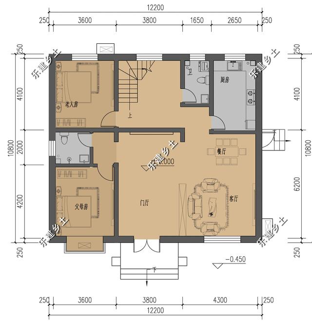 12X11米簡歐式別墅設計圖，整體方正簡約，大方得體，建在鄉(xiāng)村不顯張揚，簡約中又不乏精致。