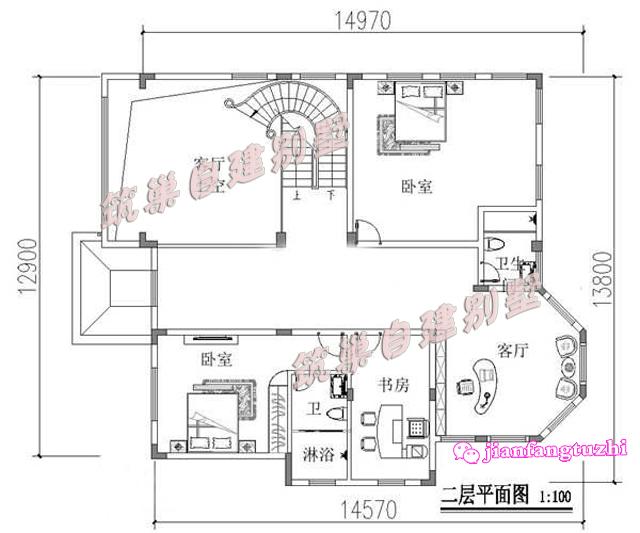 三層15x13米中空農(nóng)村自建框架結(jié)構(gòu)別墅設(shè)計(jì)圖，帶旋轉(zhuǎn)樓梯，簡(jiǎn)單實(shí)用。