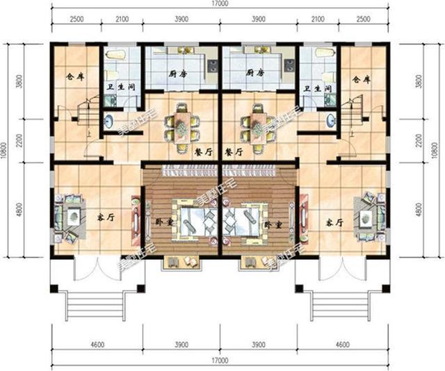 農村三層雙拼別墅設計圖，開間17米，豪華大氣上檔次，家有兩兄弟的首選！