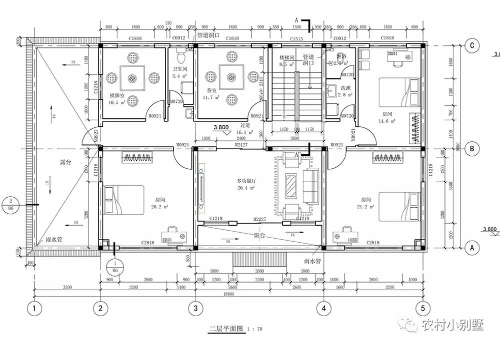18.8x10米兩層農村住宅圖，挑空客廳配獨立車庫