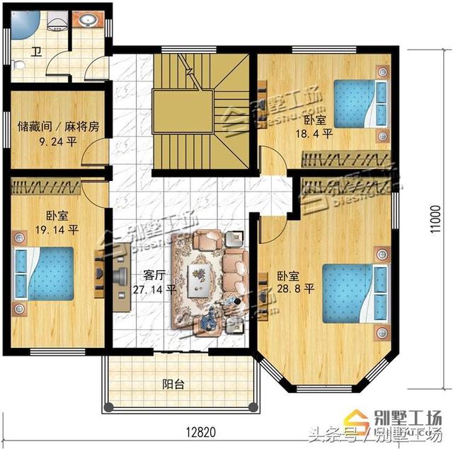 占地147平的三層別墅設(shè)計圖，帶車庫，有7間臥室，2個多功能室。