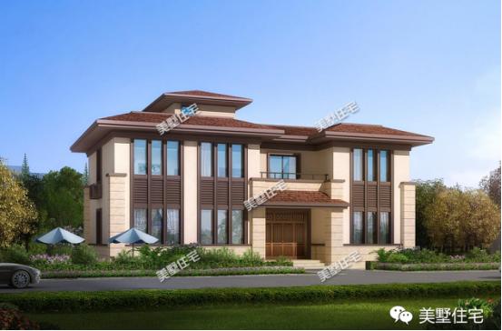 二層中式別墅設計圖，帶庭院有涼亭，保留傳統又融合了現代風格