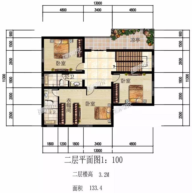這款農村別墅設計圖，13X16米，落地窗+涼亭設計，外觀和內部都美