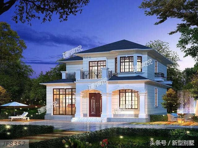 二層農村別墅設計圖，占地148平方米，造型錯落有致，非常高檔，夜晚后燈光特別美，你心動了嗎？