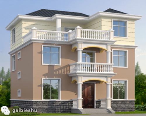 獨棟三層農(nóng)村自建別墅設(shè)計圖，別墅戶型設(shè)計簡單大氣，有陽臺、大露臺、主臥套房等功能，布局流暢。