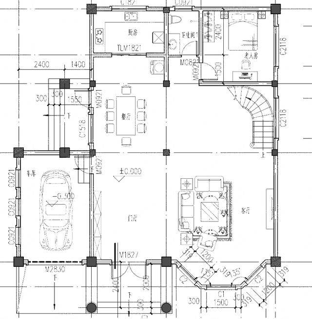 三層別墅設計圖，車庫+旋轉樓梯+挑空客廳+套間+多個落地窗，戶型美觀實用，視覺效果極佳。