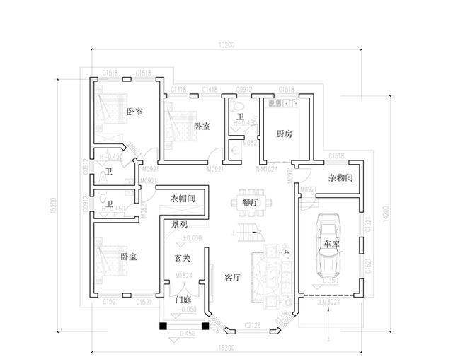 一層帶閣樓層農村房屋設計圖，開間進深16.2米×15.2米，造價30萬以內