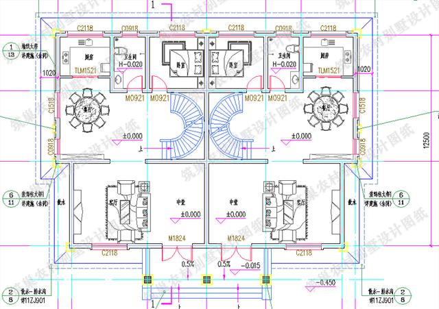 二層雙拼別墅全套CAD設計施工效果圖，外觀對稱美觀，適合農村兩兄弟建造